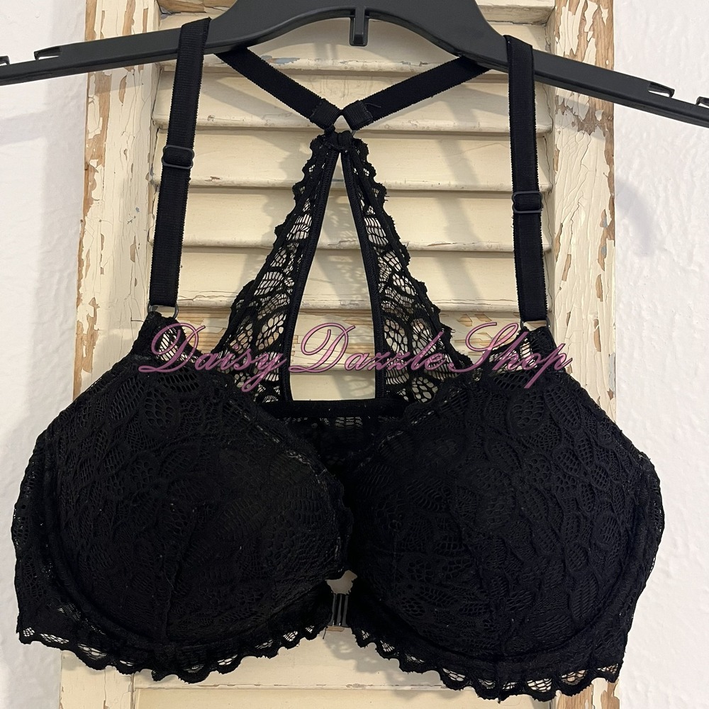 Victorias Secret PINK Date Push Up Bra Bralette Black Lace Racerback Bra 36 D - Picture 2 of 10
